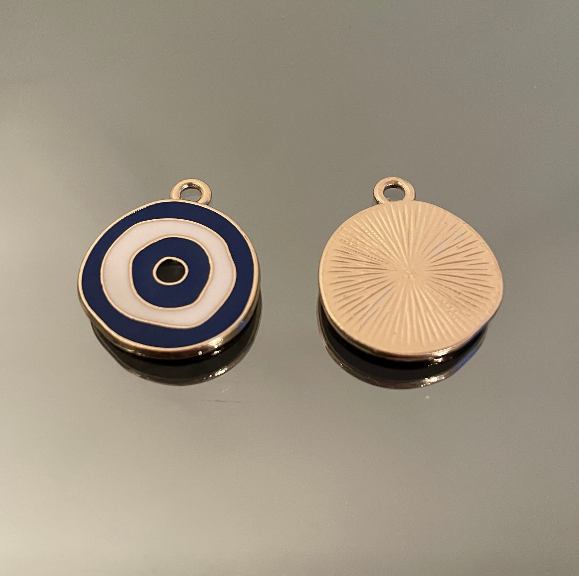 10 X ROUND NAVY GOLD METAL EVIL EYE CHARMS