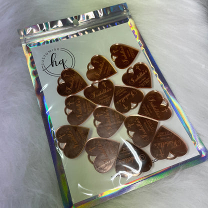 10 X PERSONALISED HEART ACRYLIC NAME TAGS